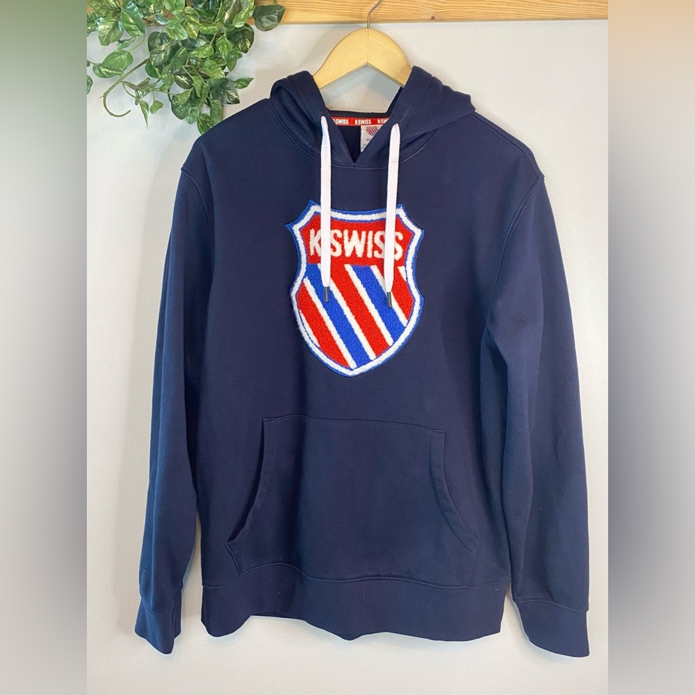 Men’s Hoodie K-Swiss Medium Terry Cloth Logo Emblem Blue Red Sweater Streetwear